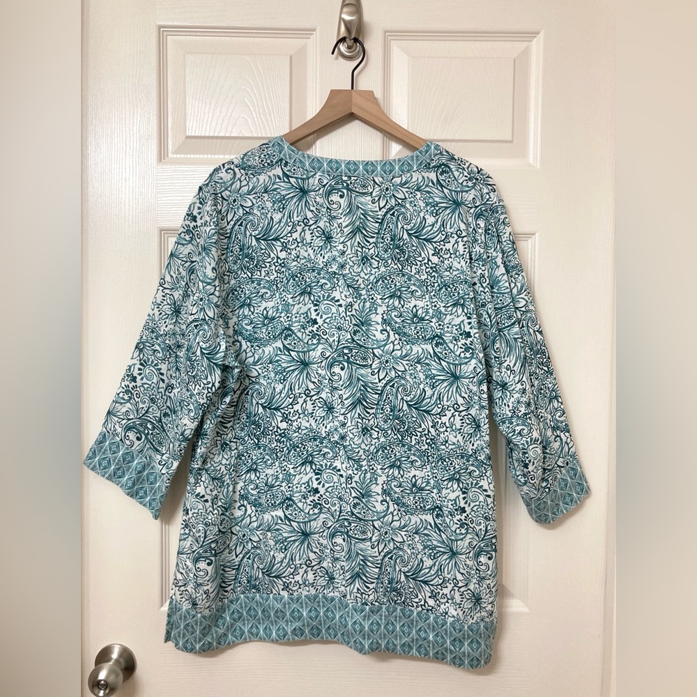 Sigrid Olsen Women’s 100% Linen Green White Floral Shirt XL Coastal Vacation - Picture 4 of 7